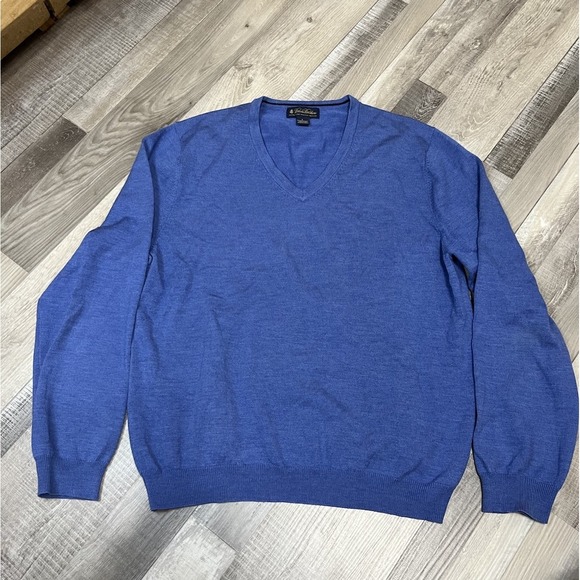 Brooks Brothers Extra Fine Italian Merino Wool V-Neck Sweater Mens L Blue Knit - Picture 1 of 8
